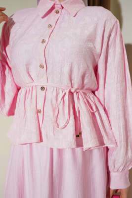 Desenli İp Kuşaklı Etekli İkili Takım Pembe - İkili Takım