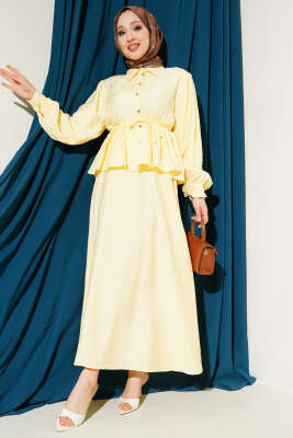 Desenli İp Kuşaklı Etekli İkili Takım Sarı - TABLO FASHİON