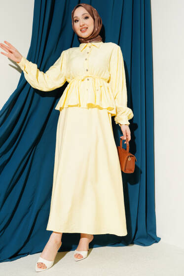 Desenli İp Kuşaklı Etekli İkili Takım Sarı - İkili Takım