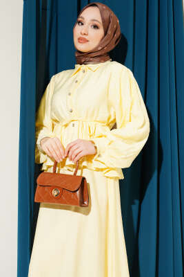 Desenli İp Kuşaklı Etekli İkili Takım Sarı - İkili Takım