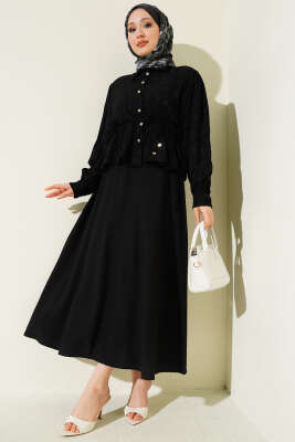 Desenli İp Kuşaklı Etekli İkili Takım Siyah - TABLO FASHİON