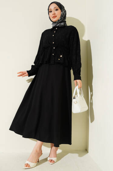 Desenli İp Kuşaklı Etekli İkili Takım Siyah - İkili Takım