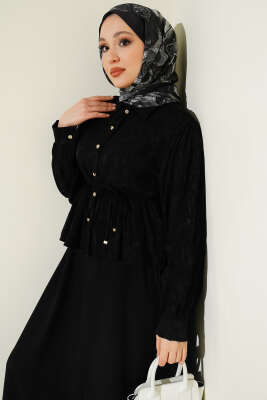 Desenli İp Kuşaklı Etekli İkili Takım Siyah - İkili Takım