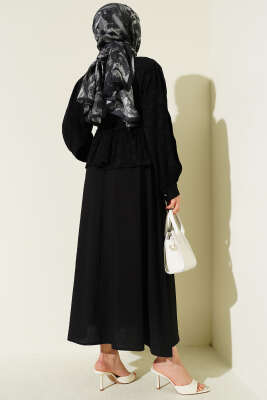 Desenli İp Kuşaklı Etekli İkili Takım Siyah - İkili Takım