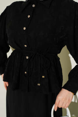 Desenli İp Kuşaklı Etekli İkili Takım Siyah - İkili Takım