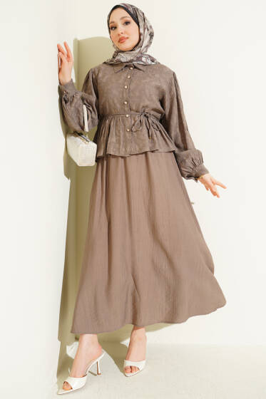 Desenli İp Kuşaklı Etekli İkili Takım Vizon - İkili Takım