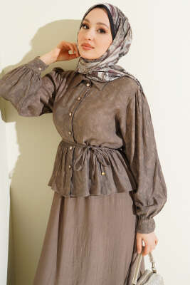 Desenli İp Kuşaklı Etekli İkili Takım Vizon - İkili Takım