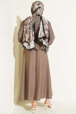 Desenli İp Kuşaklı Etekli İkili Takım Vizon - İkili Takım