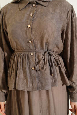 Desenli İp Kuşaklı Etekli İkili Takım Vizon - İkili Takım