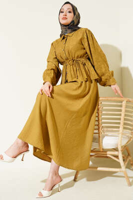 Desenli İp Kuşaklı Etekli İkili Takım Yağ Yeşili - TABLO FASHİON