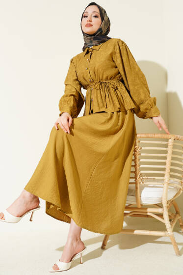 Desenli İp Kuşaklı Etekli İkili Takım Yağ Yeşili - İkili Takım