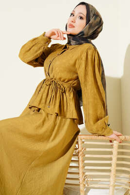 Desenli İp Kuşaklı Etekli İkili Takım Yağ Yeşili - İkili Takım