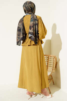 Desenli İp Kuşaklı Etekli İkili Takım Yağ Yeşili - İkili Takım