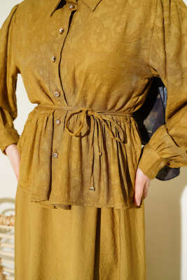 Desenli İp Kuşaklı Etekli İkili Takım Yağ Yeşili - İkili Takım