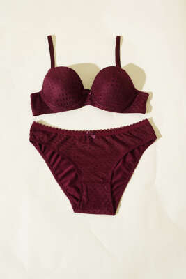 Desenli Jakar Desteksiz Sütyen Takım Mürdüm - İndirim İç Giyim