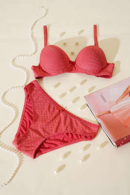 Desenli Jakar Desteksiz Sütyen Takım Nar Çiçeği 