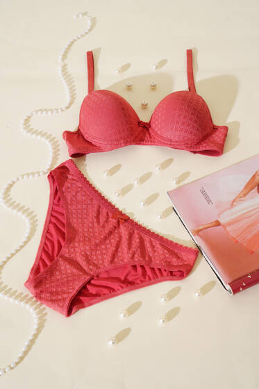 Desenli Jakar Desteksiz Sütyen Takım Nar Çiçeği - İndirim İç Giyim