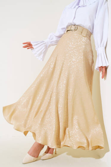 Desenli Jakar Kloş Etek Bej - Etek