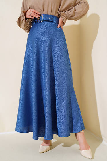 Desenli Jakar Kloş Etek İndigo - Etek