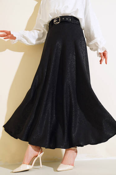 Desenli Jakar Kloş Etek Siyah - Etek