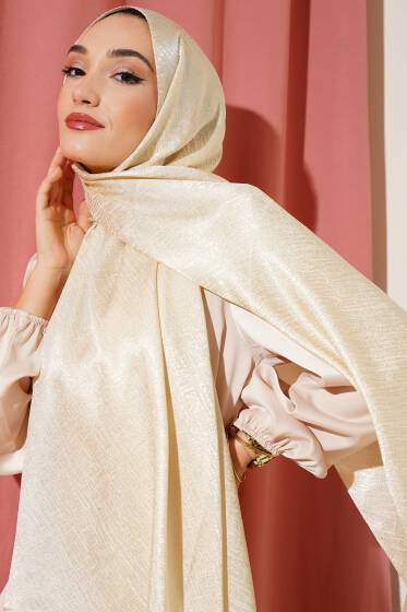 Desenli Jakar Melisa Şal Kum Bej -05 - Başörtüsü