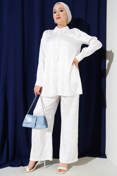 Desenli Jakar Tunik İkili Takım Beyaz - İkili Takım