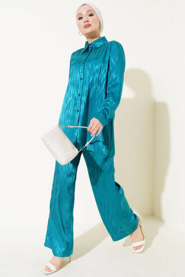 Desenli Jakar Tunik İkili Takım Petrol - İkili Takım