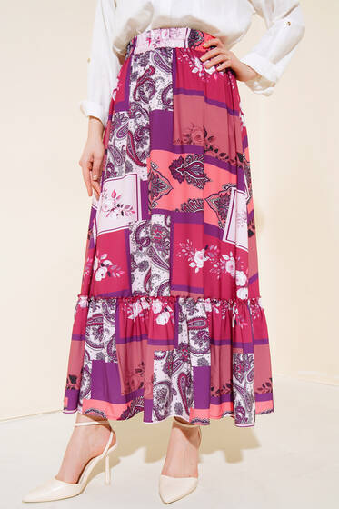 Desenli Katlı Etek Burgonya - Etek