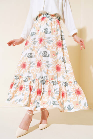 Desenli Katlı Etek Hardal - Etek