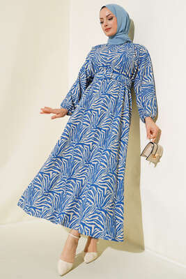 Desenli Kemerli Bürümcük Elbise İndigo 