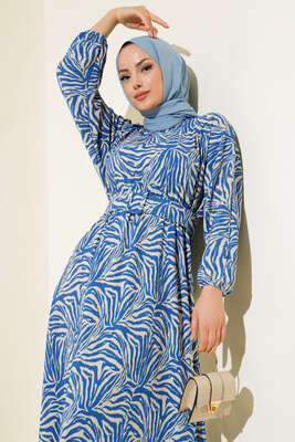 Desenli Kemerli Bürümcük Elbise İndigo - Tesettür Elbise