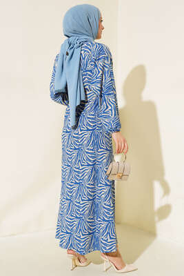 Desenli Kemerli Bürümcük Elbise İndigo - Tesettür Elbise