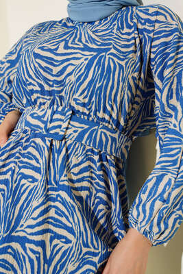 Desenli Kemerli Bürümcük Elbise İndigo - Tesettür Elbise