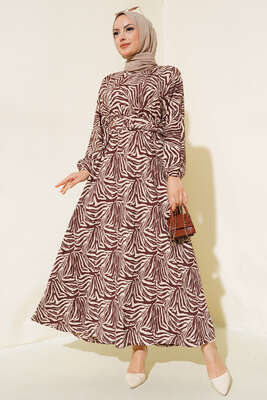 Desenli Kemerli Bürümcük Elbise Kahve - Tesettür Elbise