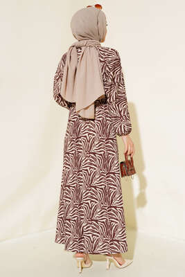 Desenli Kemerli Bürümcük Elbise Kahve - Tesettür Elbise