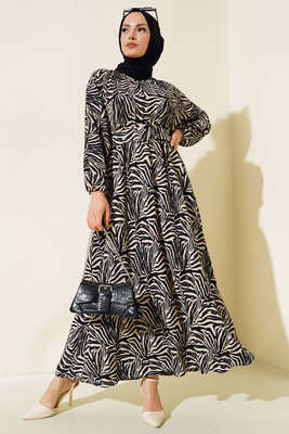 Desenli Kemerli Bürümcük Elbise Siyah 