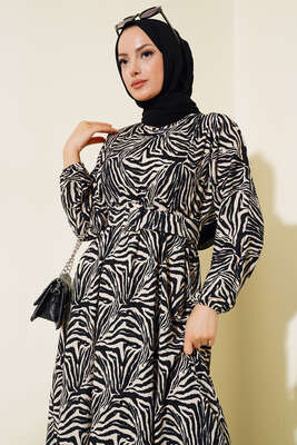 Desenli Kemerli Bürümcük Elbise Siyah - Tesettür Elbise