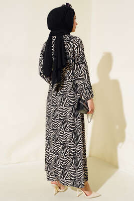 Desenli Kemerli Bürümcük Elbise Siyah - Tesettür Elbise