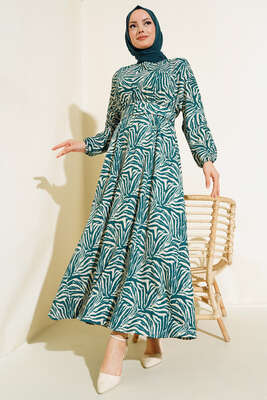 Desenli Kemerli Bürümcük Elbise Zümrüt 