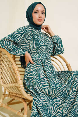 Desenli Kemerli Bürümcük Elbise Zümrüt - Tesettür Elbise