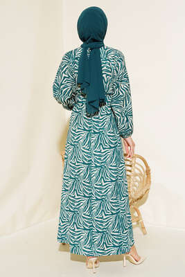 Desenli Kemerli Bürümcük Elbise Zümrüt - Tesettür Elbise