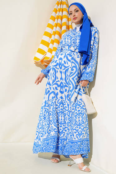 Desenli Kemerli Elbise Mavi - Elbise