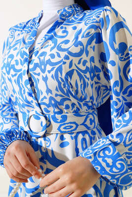 Desenli Kemerli Elbise Mavi - Tesettür Elbise