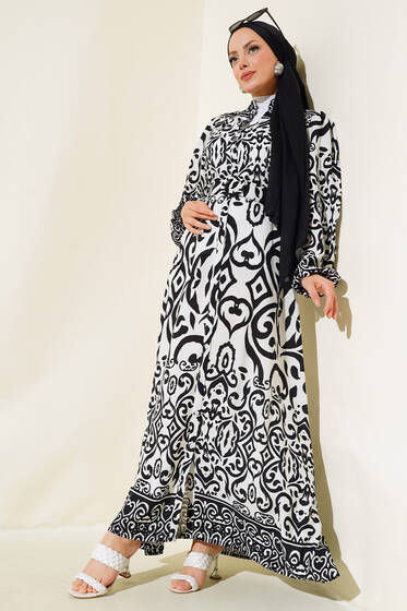 Desenli Kemerli Elbise Siyah - Elbise