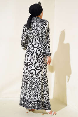 Desenli Kemerli Elbise Siyah - Tesettür Elbise