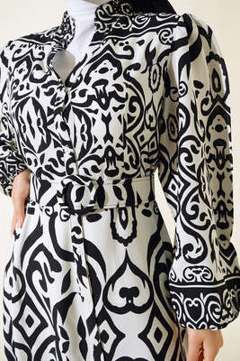 Desenli Kemerli Elbise Siyah - Tesettür Elbise