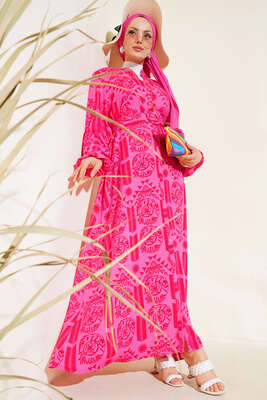 Desenli Kemerli Elbise Fuşya - YÖNE TEKSTİL
