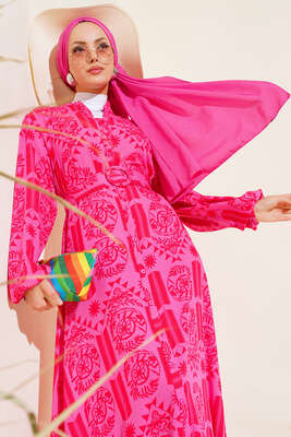 Desenli Kemerli Elbise Fuşya - Tesettür Elbise