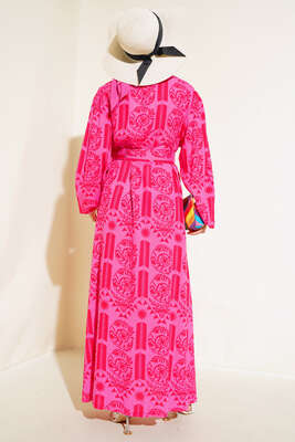 Desenli Kemerli Elbise Fuşya - Tesettür Elbise