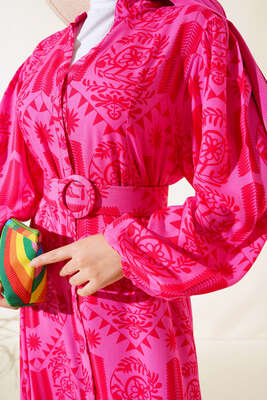 Desenli Kemerli Elbise Fuşya - Tesettür Elbise